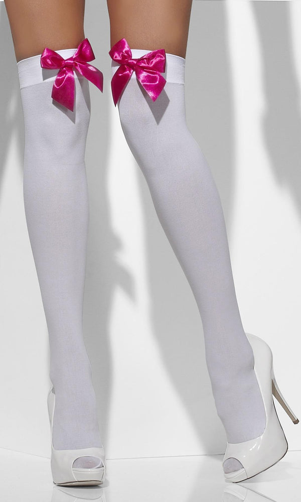 Thigh HighStockings White with Hot Pink Satin Bow