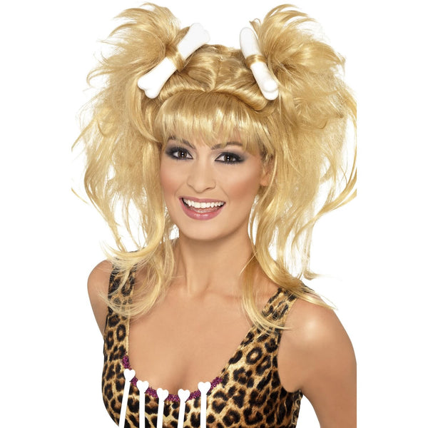 Long blonde cave girl style wig with bones