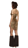 Back of cave woman halter neck dress with head and arm band and furry leg covers