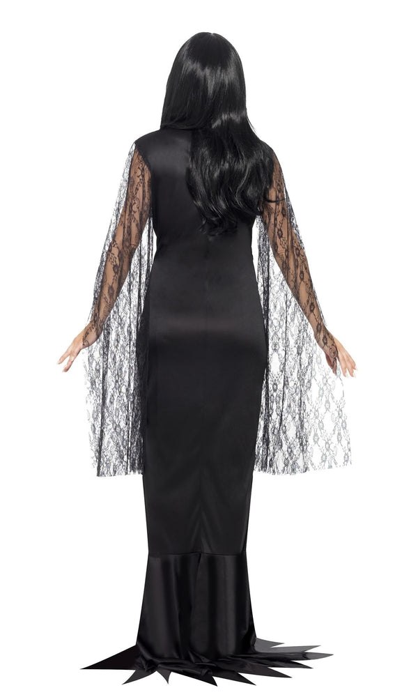Back of long black Morticia Addams style dress with lace sleeves