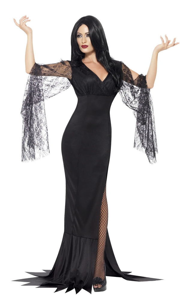 Long black Morticia Addams style dress with lace sleeves