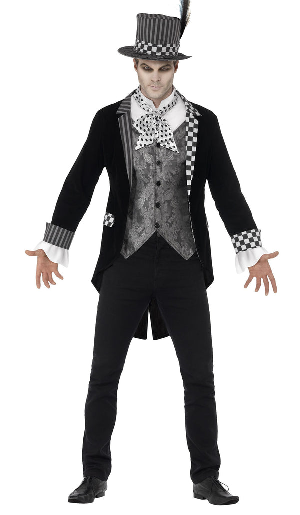 Man dressed in a black and grey Dark Mad Hatter costume with matching hat and neck scarf