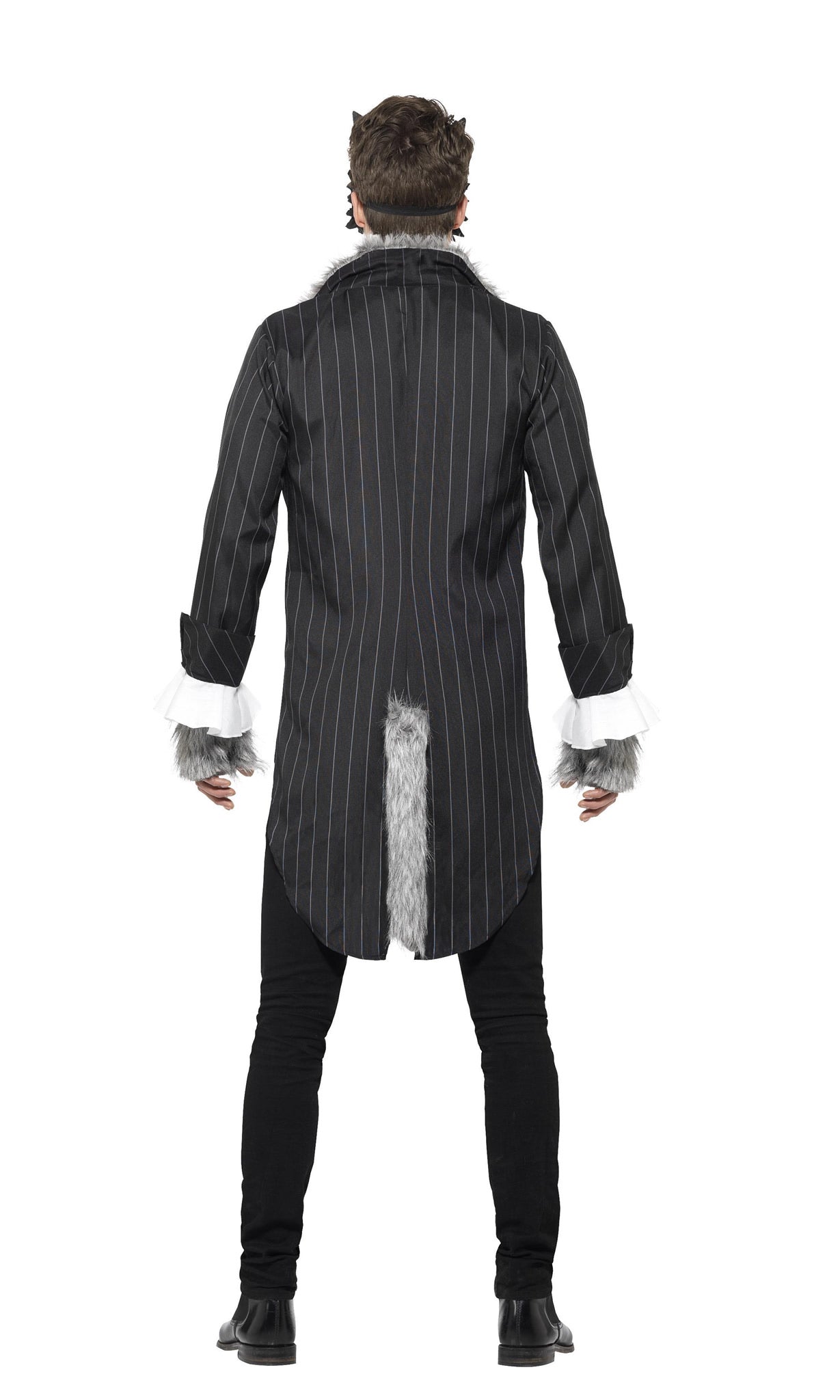 Back of a man wearing a wolf costume with a suit and mask