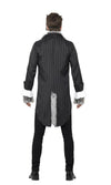 Back of a man wearing a wolf costume with a suit and mask