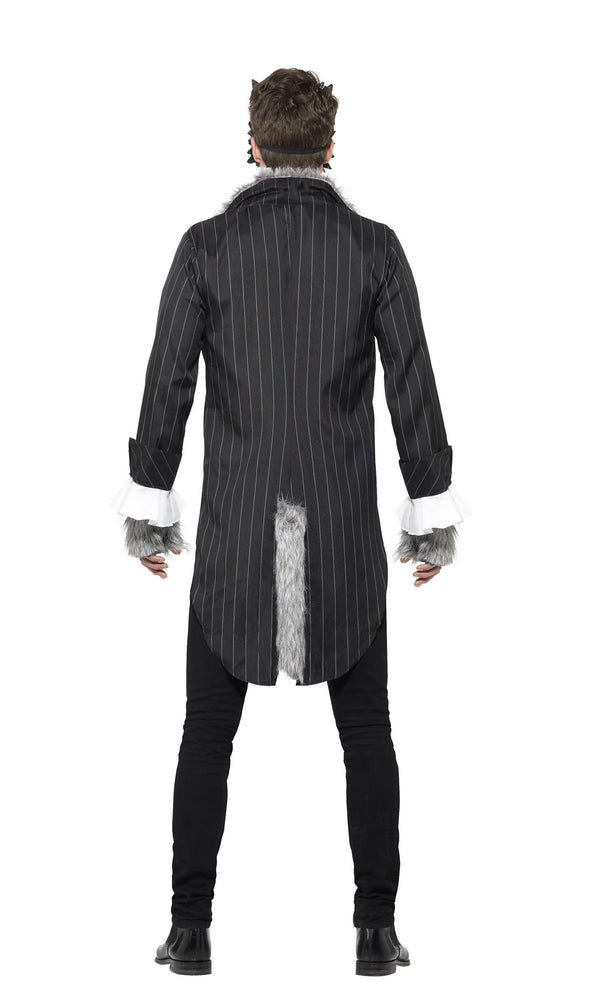 Back of a man wearing a wolf costume with a suit and mask