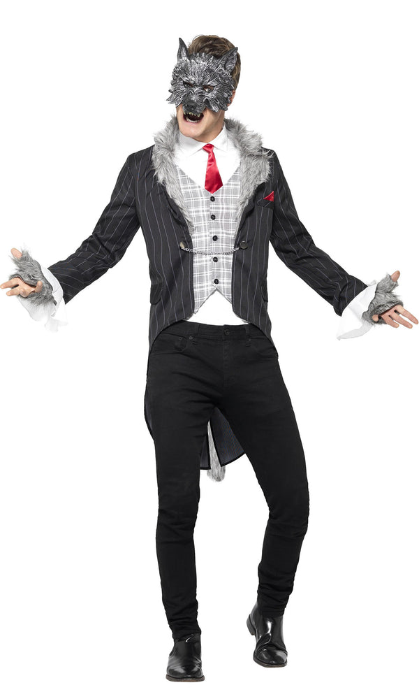 Man wearing a wolf costume with a suit and mask