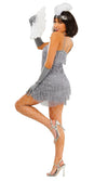 Back image of a woman in a 1920s-themed costume with a gray flapper dress on a white background.