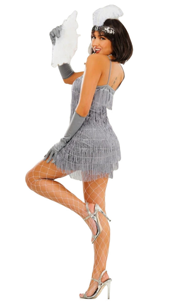 Back image of a woman in a 1920s-themed costume with a gray flapper dress on a white background.