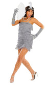 Woman in a 1920s-themed costume with a gray flapper dress and black feather boa on a white background.