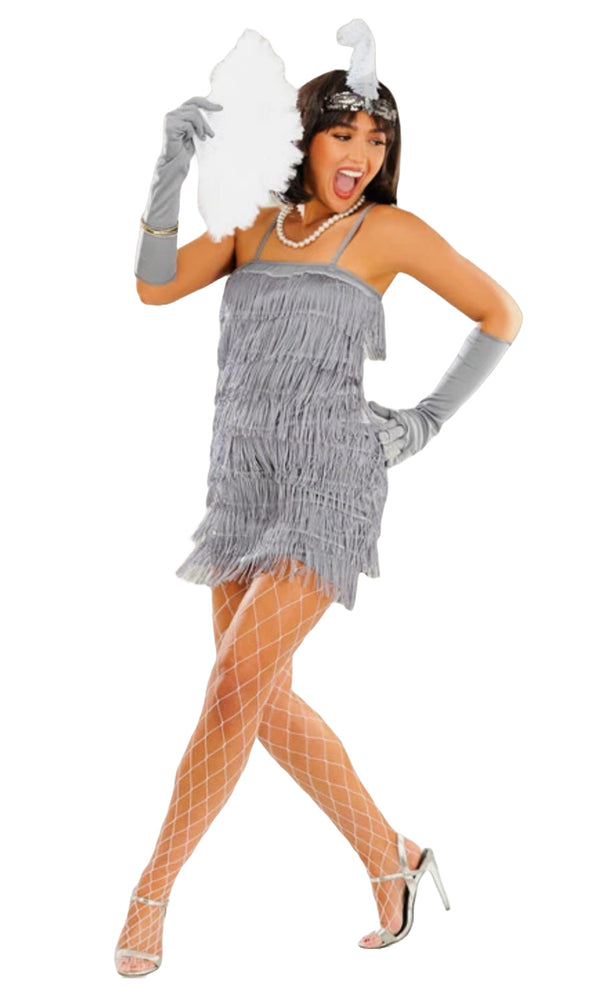Woman in a 1920s-themed costume with a gray flapper dress and black feather boa on a white background.