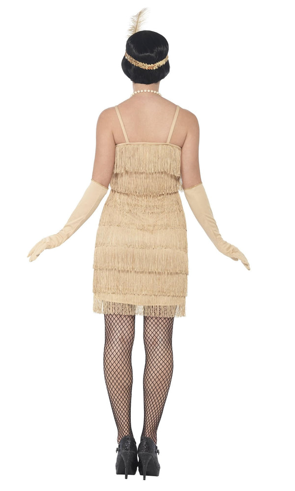 Back of short gold tassel flapper dress with headpiece and gloves