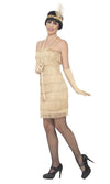 Side of short gold tassel flapper dress with headpiece and gloves
