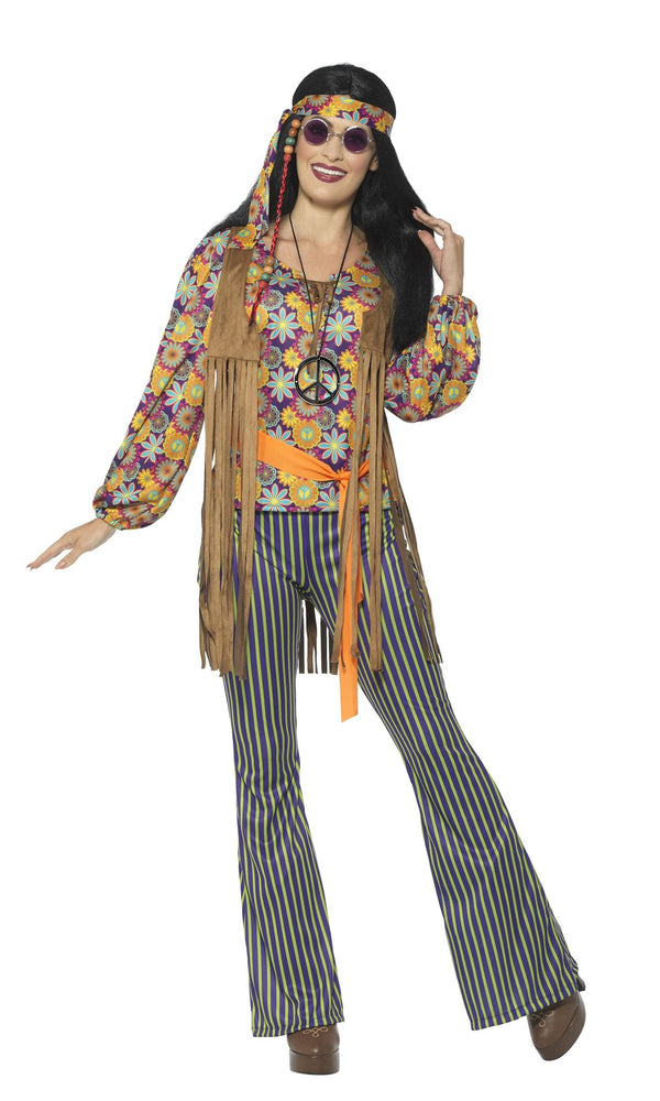 60s Cher flower pattern top with brown tassels with headband and striped flares