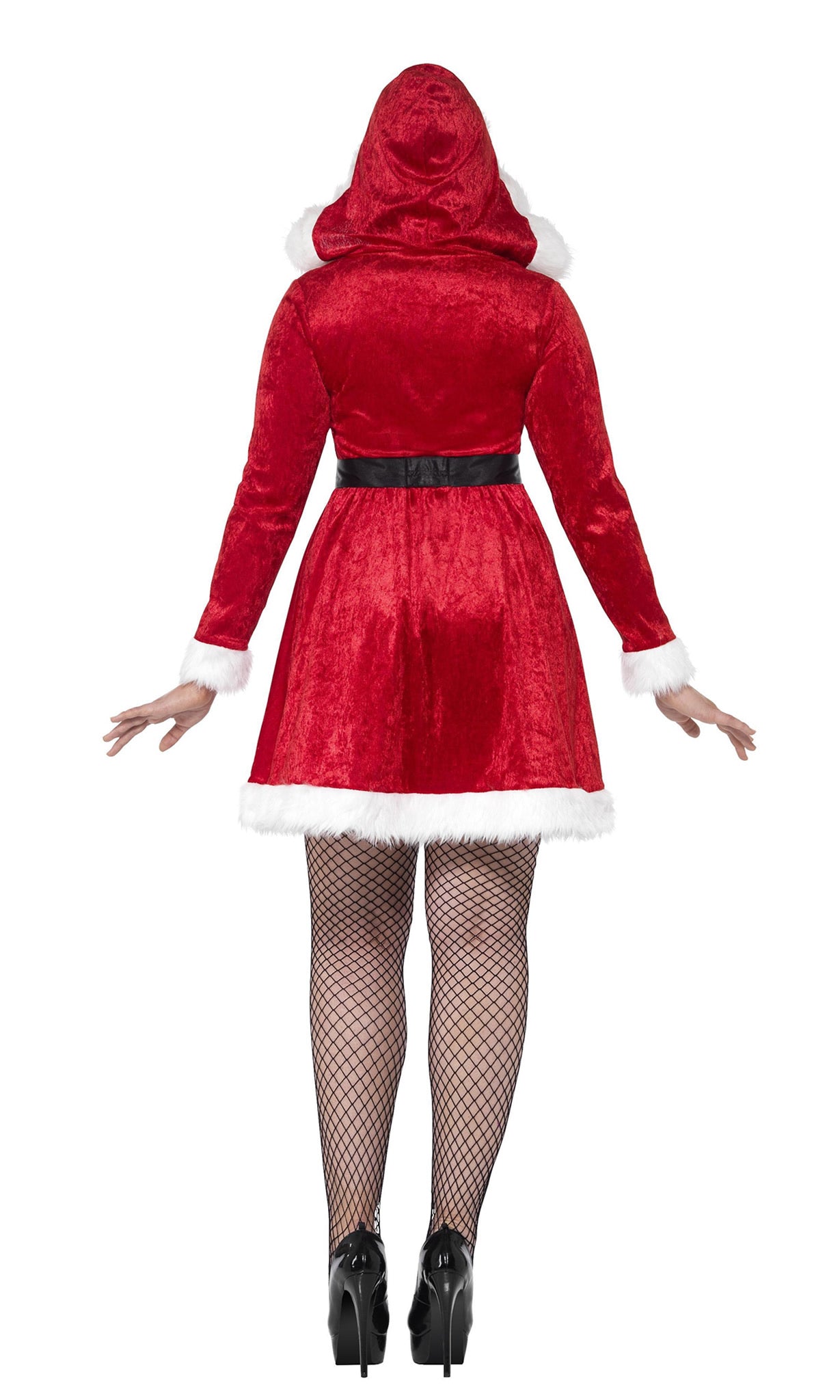 Back of a woman wearing a red Santa Claus costume with white trim and fishnet stockings