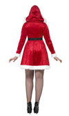 Back of a woman wearing a red Santa Claus costume with white trim and fishnet stockings