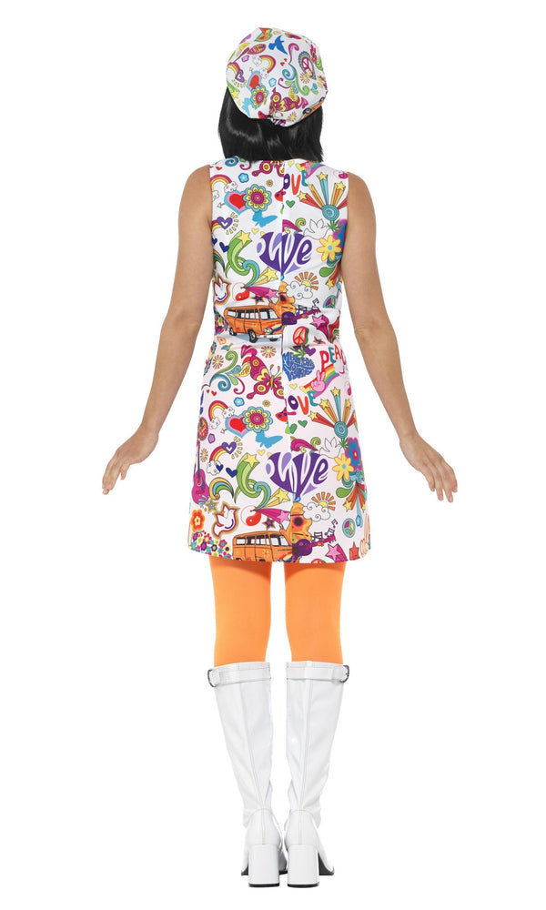 Colorful dress with floral patterns and 'LOVE' text, worn by a person on a white background