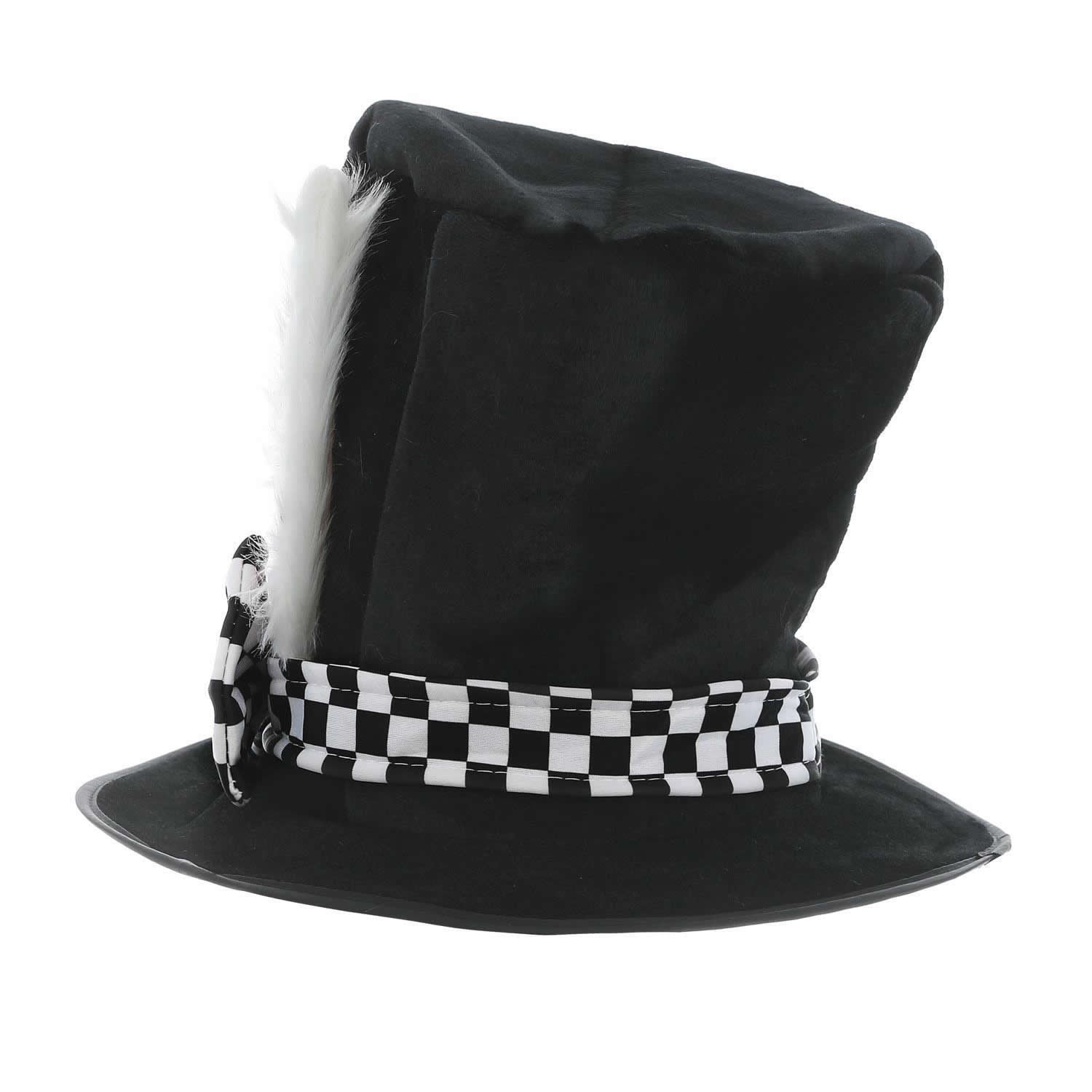 Black top hat with bunny ears and a checkered bow tie