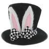 Black top hat with bunny ears and a checkered bow tie
