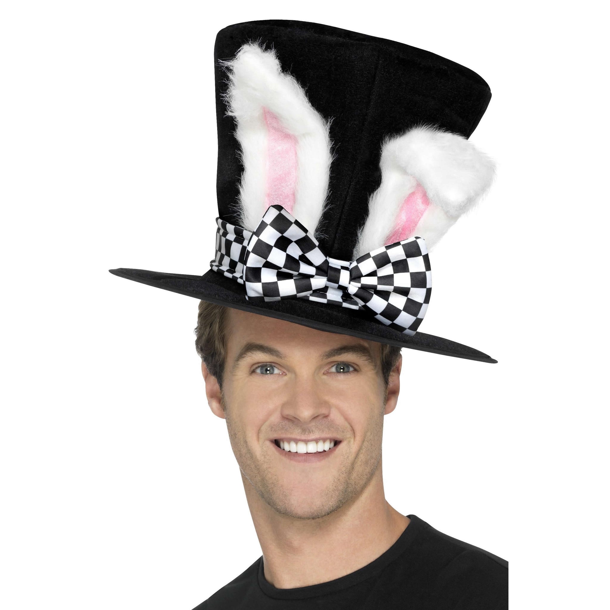 Person wearing a black top hat with bunny ears and a checkered bow tie