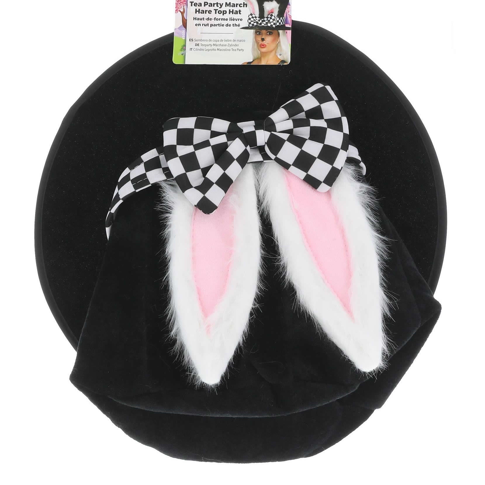 Top view of a black top hat with bunny ears and checkered bow