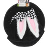 Top view of a black top hat with bunny ears and checkered bow