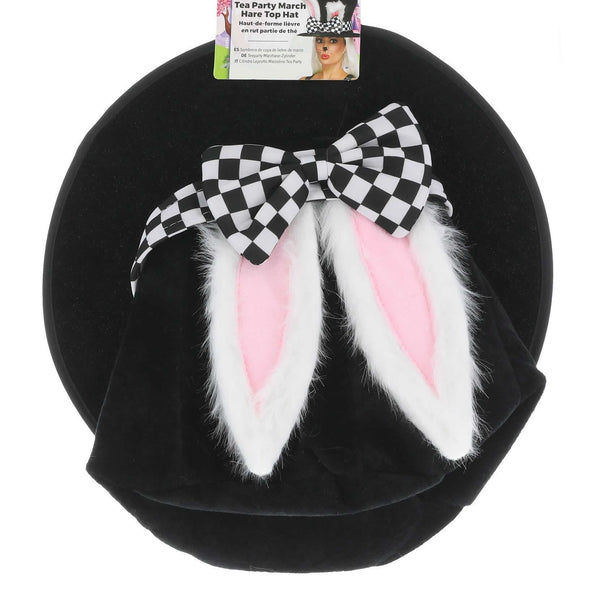 Top view of a black top hat with bunny ears and checkered bow
