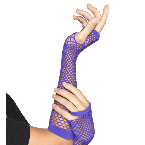 Purple fishnet gloves worn by a woman on a white background