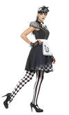Side of a woman wearing a black and white maid costume with checkered stockings on a white background