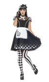 Woman wearing a black and white maid costume with checkered stockings on a white background