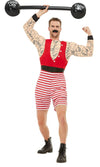 Padded arm muscle jumpsuit with moustache and inflatable barbell