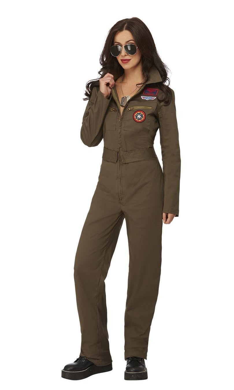 Woman wearing a brown Top Gun flight suit with patches on a white background