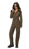 Woman wearing a brown Top Gun flight suit with patches on a white background