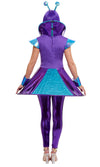 Back of a woman in a space-themed costume with a blue and purple dress, matching leggings, and wrist cuffs, wearing a headband with antenna.