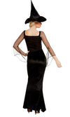 Back view of a woman wearing a black witch costume with a long dress and hat on a white background