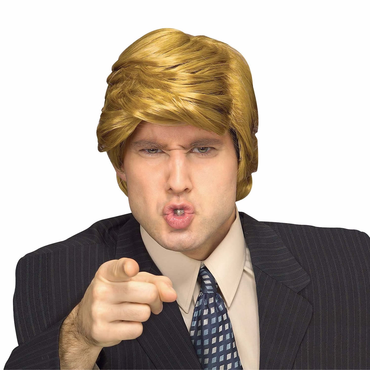 A man wearing a blonde wig and pointing forward