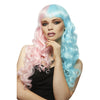 Woman wearing a pastel pink and blue wig on a white background