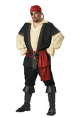 A mens pirate costume consisting of a black vest, cream-colored shirt, black pants, a red sash, a red bandana, and a black eyepatch.