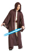 A man wearing a brown hooded Jedi robe holding a blue lightsaber
