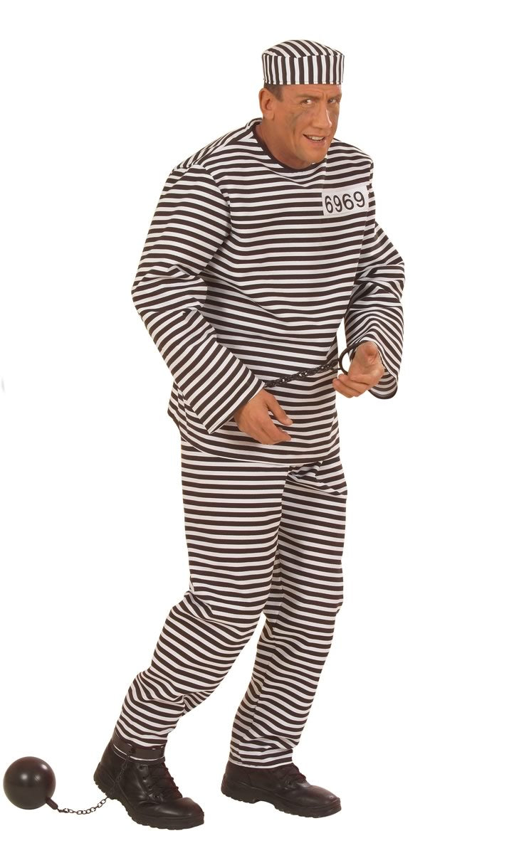 Men's black and white convict costume with hat, handcuffs and ball and chain