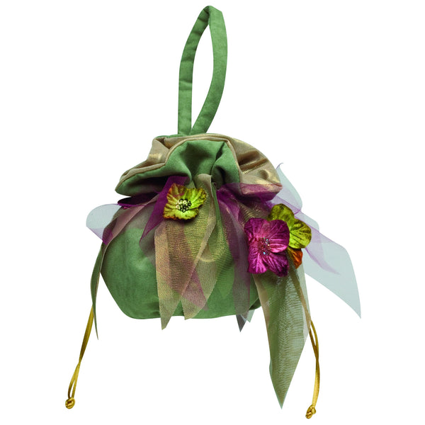 Green fabric bag with floral decorations on a white background