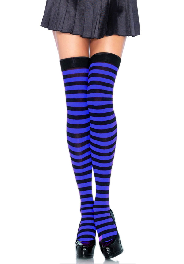Thigh high blue and black striped stockings