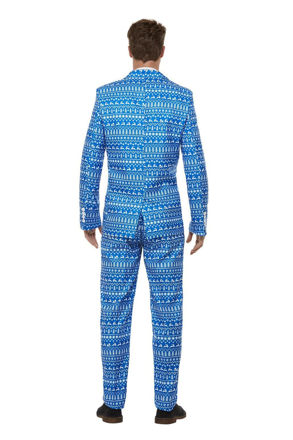 Back of a man wearing a blue patterned Christmas suit on a white background