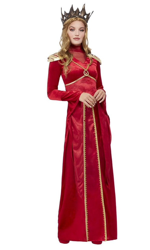 Long red queen dress with gold shoulder pieces and crown