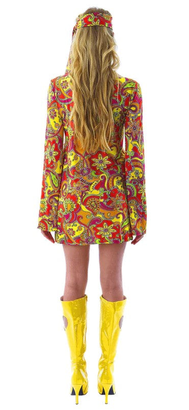 Back of short 60s patterned hippie dress with headband