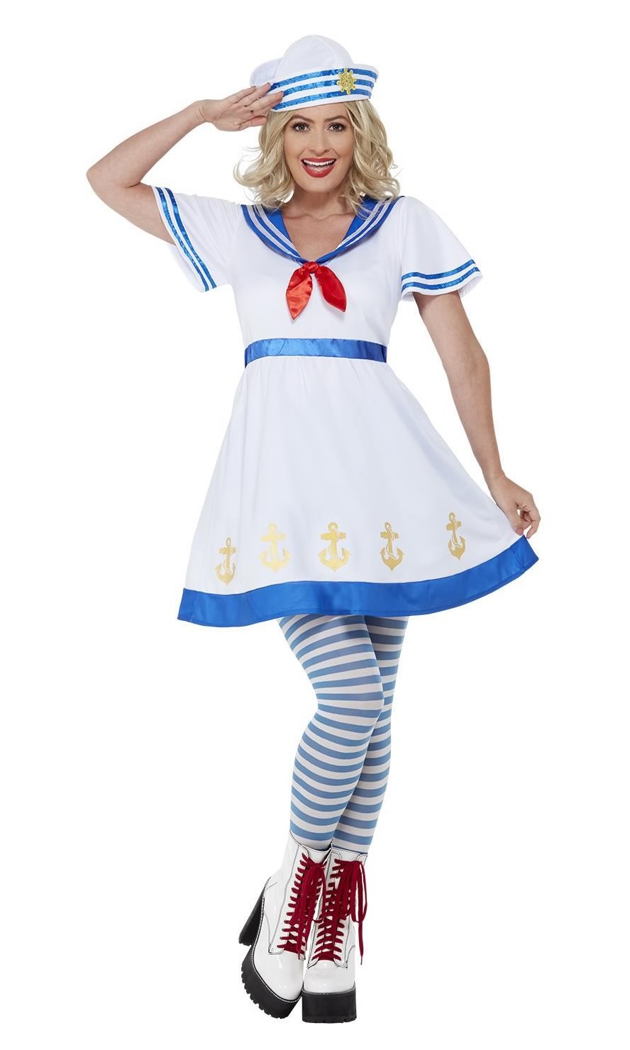 Woman wearing a sailor costume with a white dress, blue trim, and striped stockings on a white background.