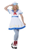 Woman wearing a sailor costume with a white dress, blue trim, and striped stockings on a white background.