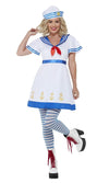 Woman wearing a sailor costume with a white dress, striped stockings, and a hat on a white background