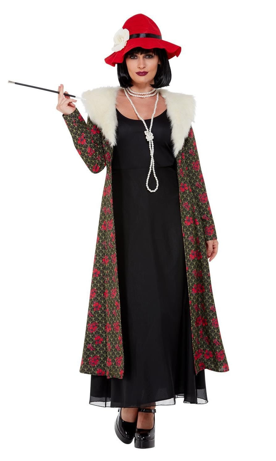 Woman in a 1920s Peaky Blinders costume with a long coat, black dress, red hat, and holding a cigarette on a white background
