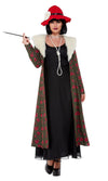 Woman in a 1920s Peaky Blinders costume with a long coat, black dress, red hat, and holding a cigarette on a white background