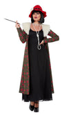 Woman in a 1920s Peaky Blinders costume with a long coat, black dress, red hat, and holding a cigarette on a white background